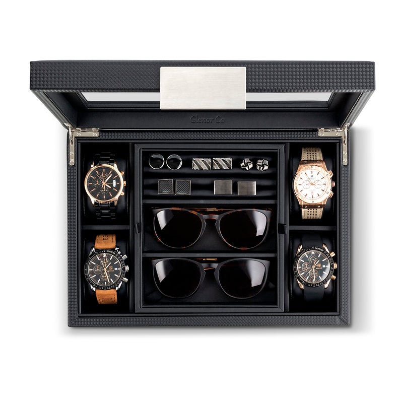 Glenor Co Valet Jewelry Box for Men - Holds 6 Watches, 12 cufflinks, 2 Sunglasses & Tray Storage - Mens Watch Case - CarbonFiber Organizer w Metal Accents, PU Leather & Large Glass Lid - Black - Image 4
